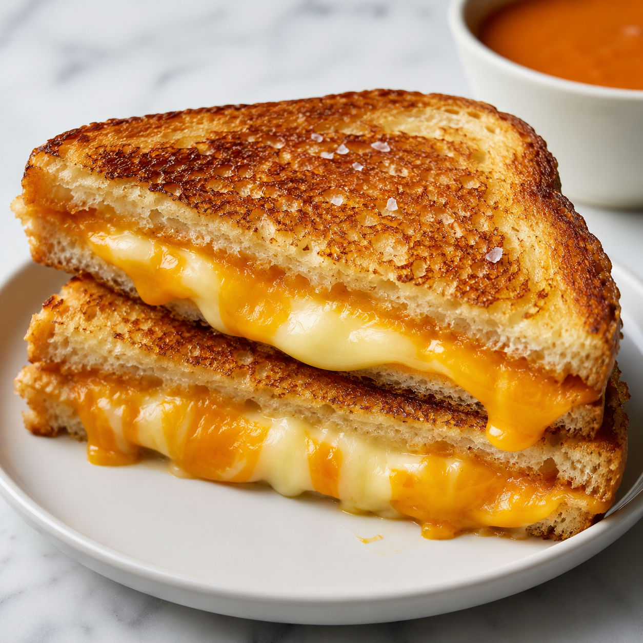 Buttery sourdough grilled cheese with melted cheddar and mozzarella