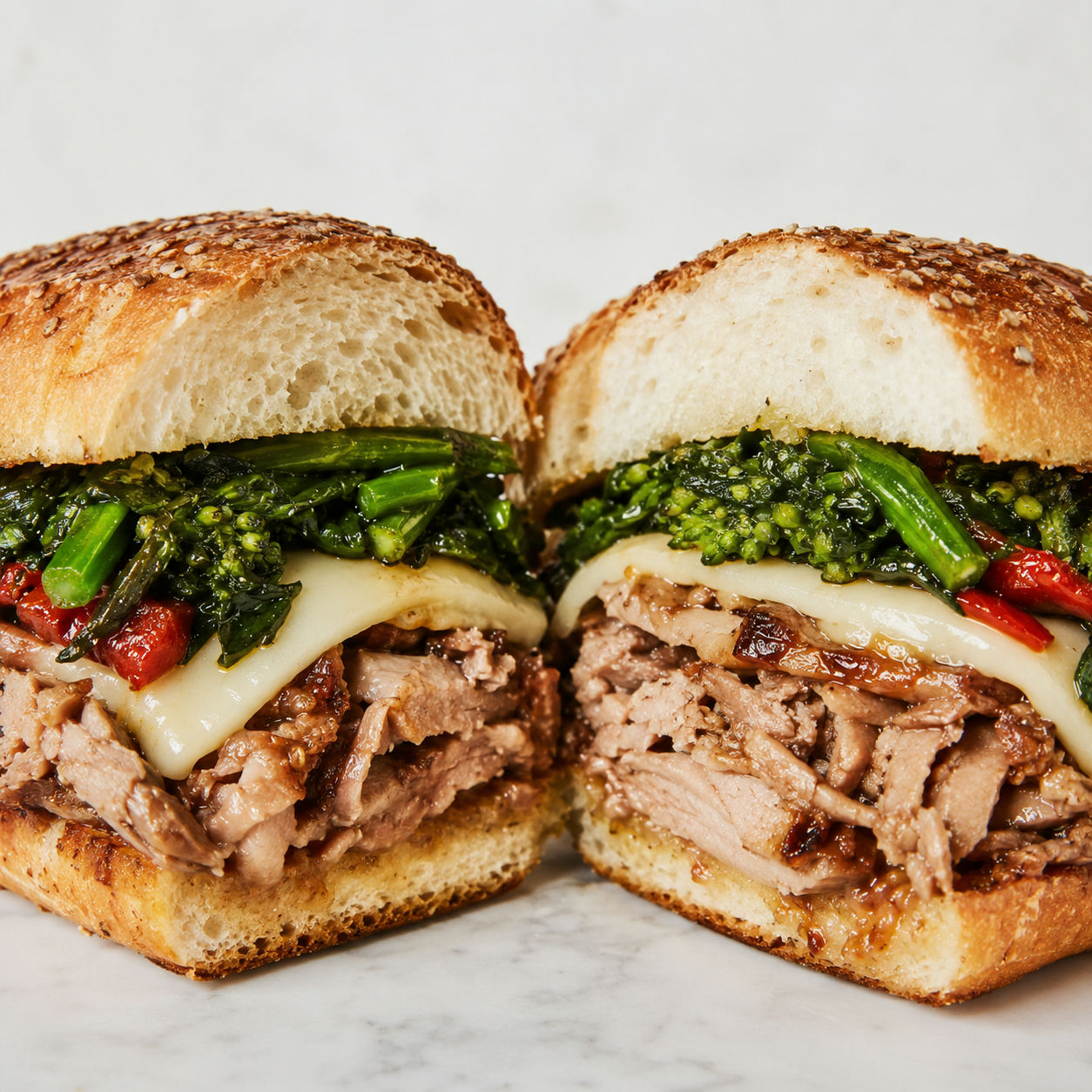 Roast pork sandwich with provolone, broccoli rabe, and pork jus