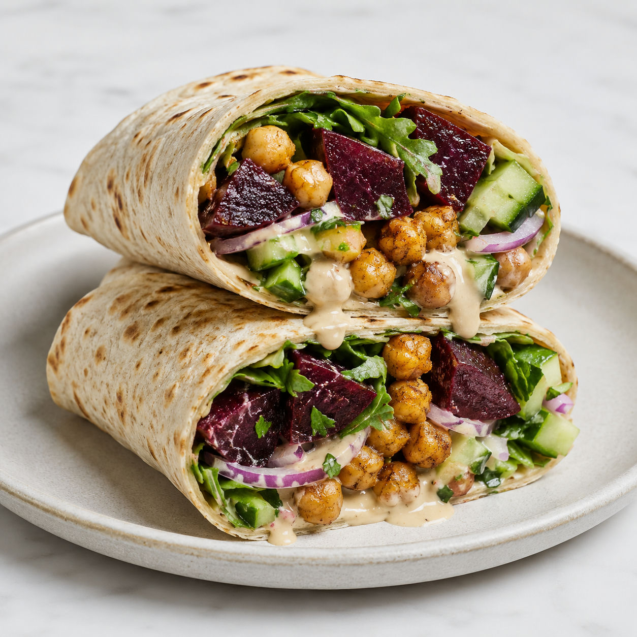 Roasted beet and chickpea wraps with tahini sauce on a ceramic plate