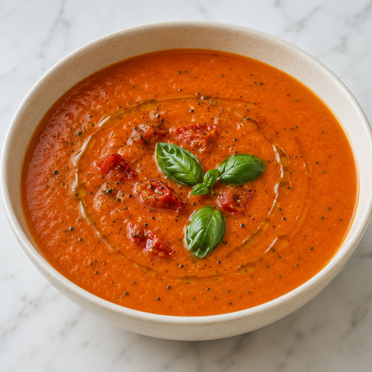 Roasted zucchini tomato soup with basil and olive oil in a cream bowl