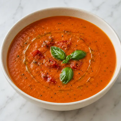 Roasted zucchini tomato soup with basil and olive oil in a cream bowl