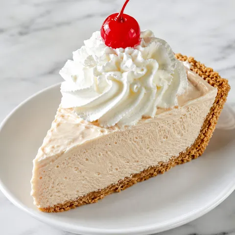A slice of root beer float pie with whipped cream and a maraschino cherry on a white plate