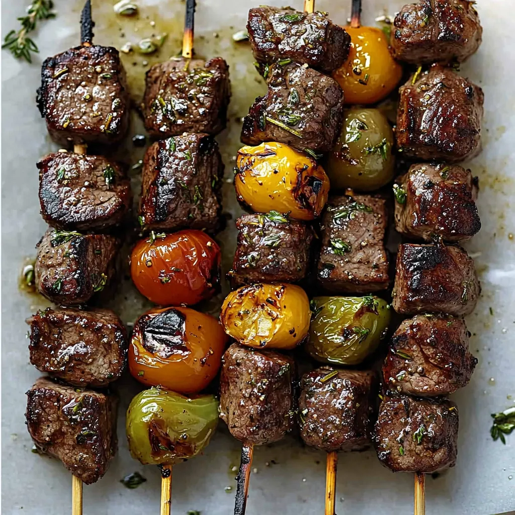 Juicy Balsamic Marinated Steak Kebabs with Rosemary Tomatoes