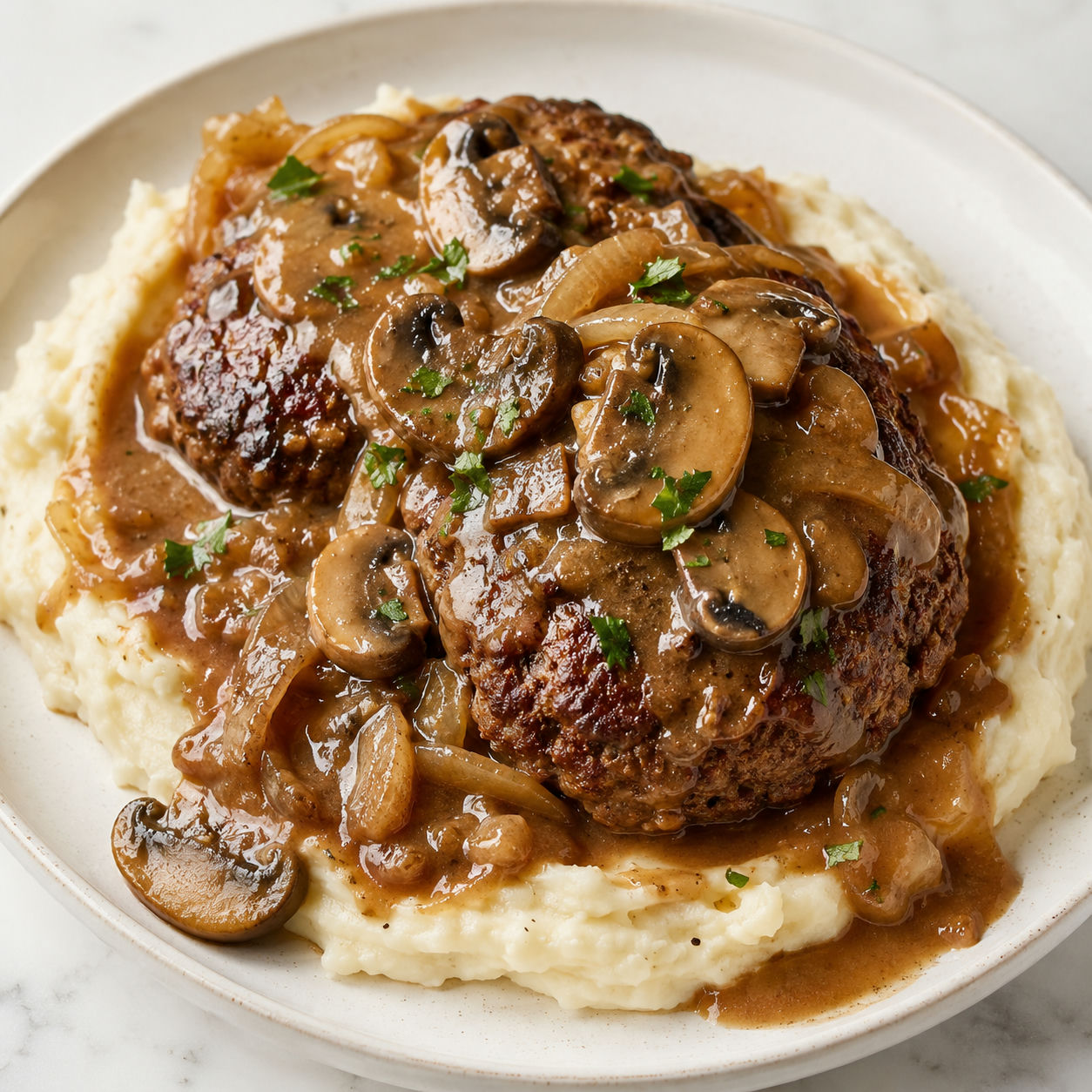 Salisbury steak over garlic mashed potatoes with mushroom onion gravy