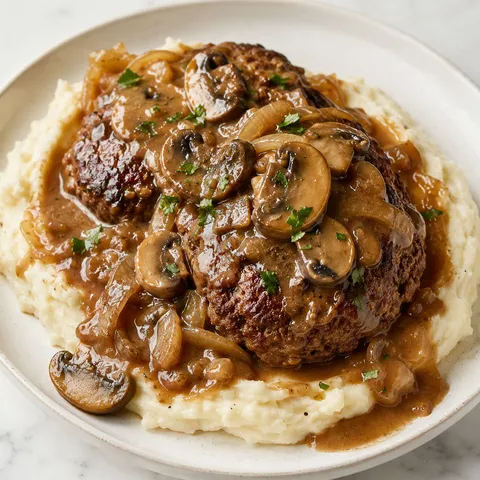 Salisbury steak over garlic mashed potatoes with mushroom onion gravy