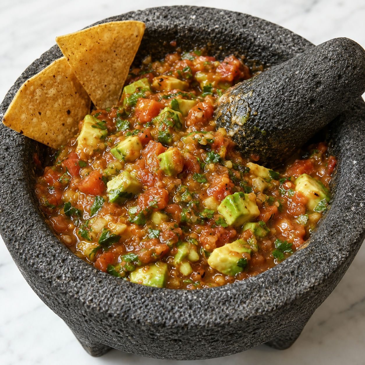Salsa de molcajete con aguacate in a stone mortar with cilantro and tortilla chips