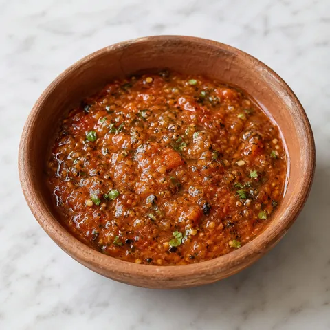 Salsa quemada in a clay bowl with a tortilla chip and lime wedge on a wooden surface