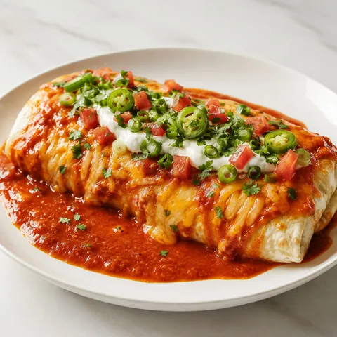 Saucy beef burrito with red sauce, melted cheese, sour cream, and tomatoes