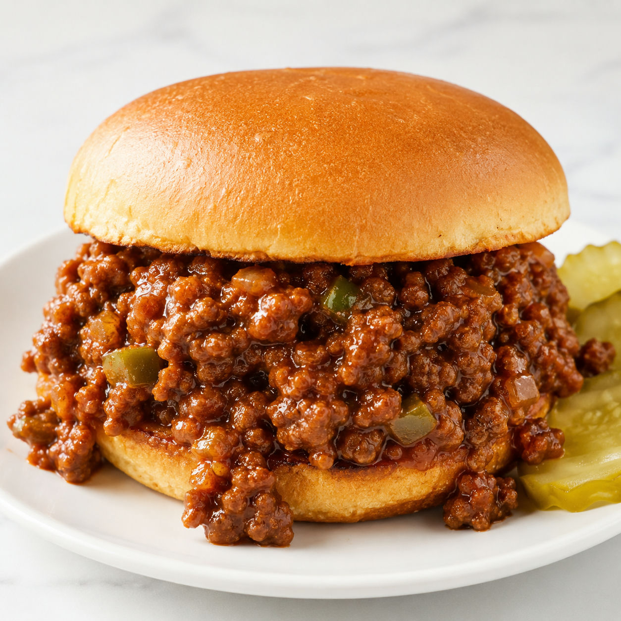 Saucy homemade Sloppy Joe on a toasted bun with pickles