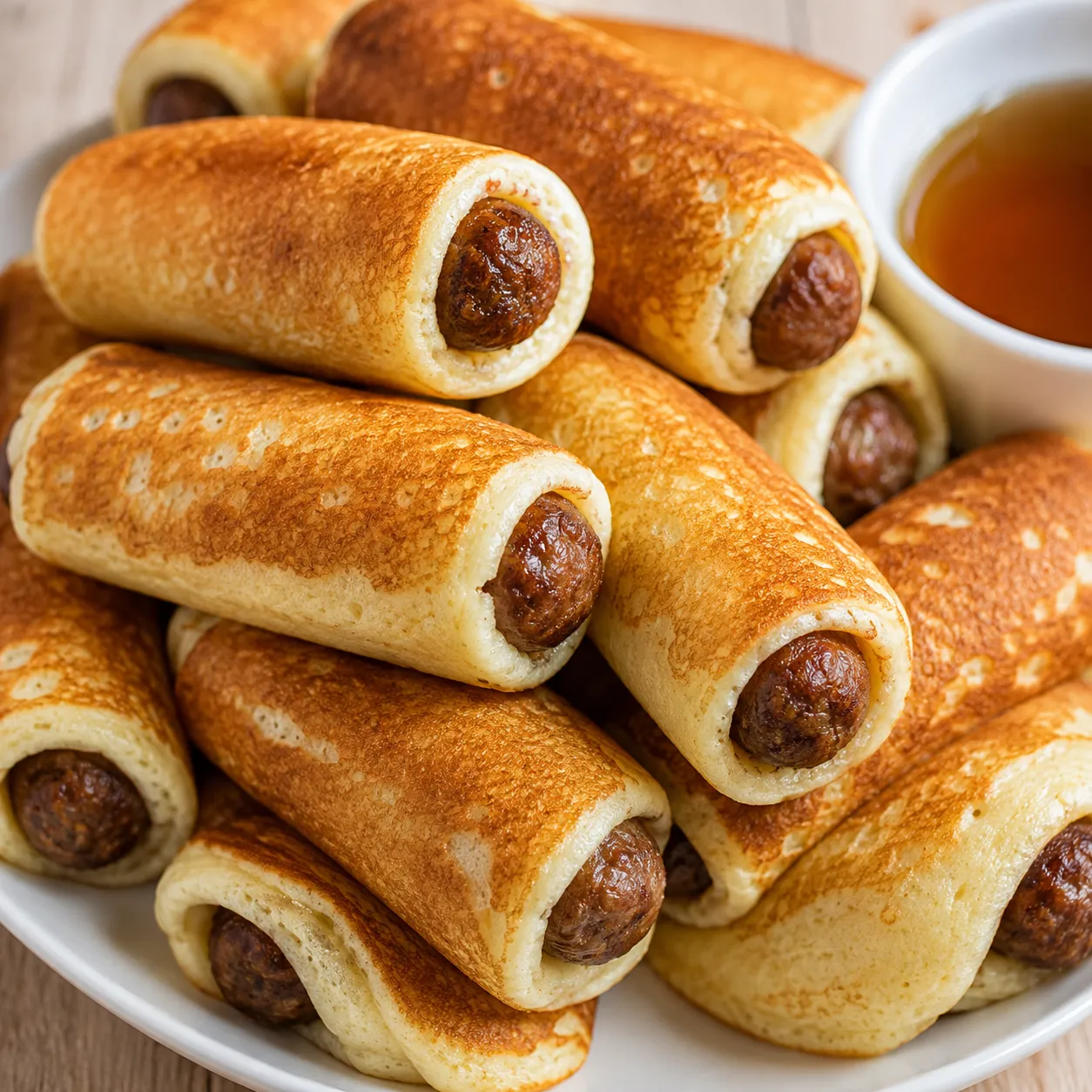 Golden sausage dipped pancakes with maple syrup on a white platter