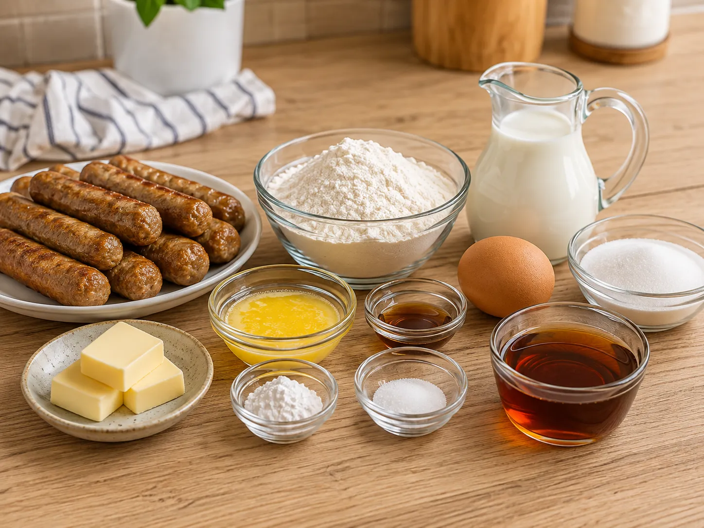 Ingredients for sausage dipped pancakes with flour, egg, milk, butter, and syrup