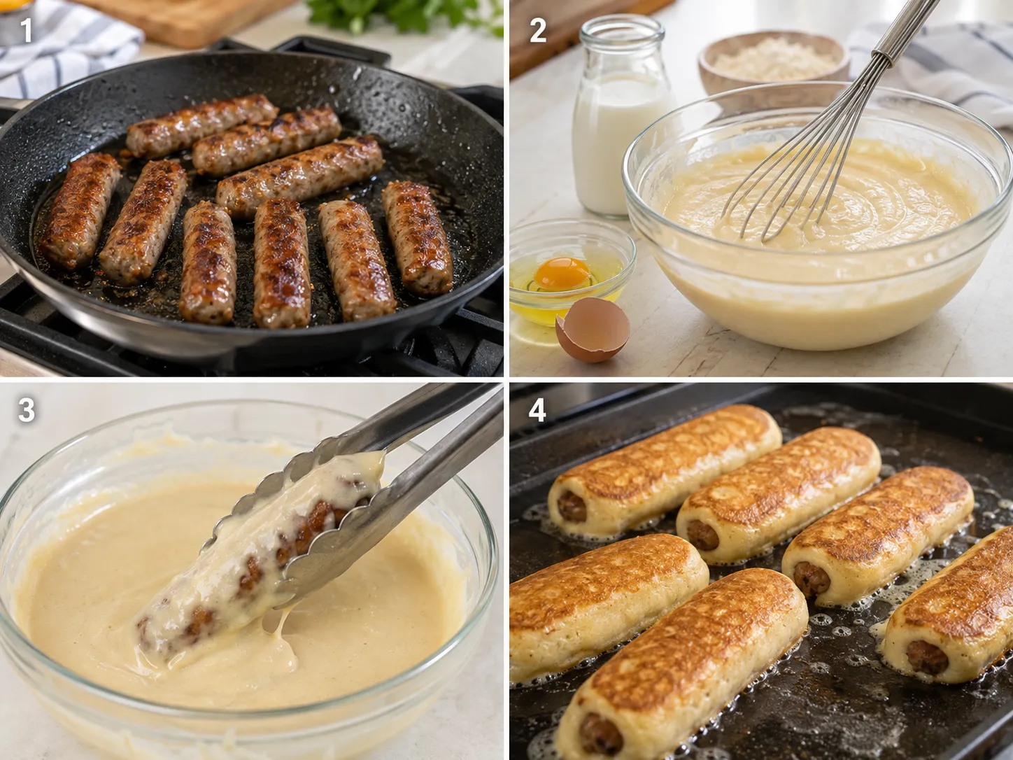 Four cooking steps for sausage dipped pancakes from browning to griddling