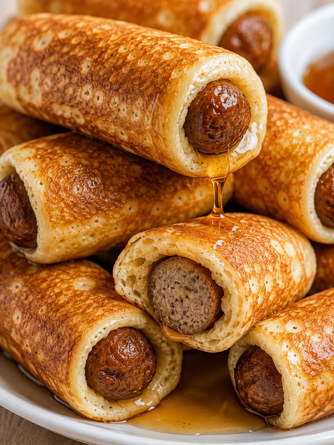 Sausage dipped pancakes stacked with maple syrup and a cut piece showing sausage