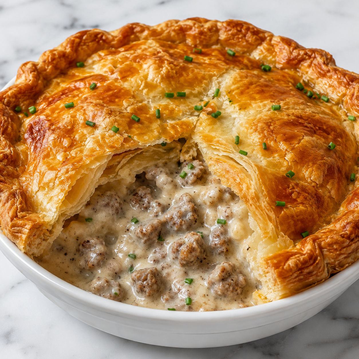 Sausage gravy puff pie with golden pastry and creamy sausage filling