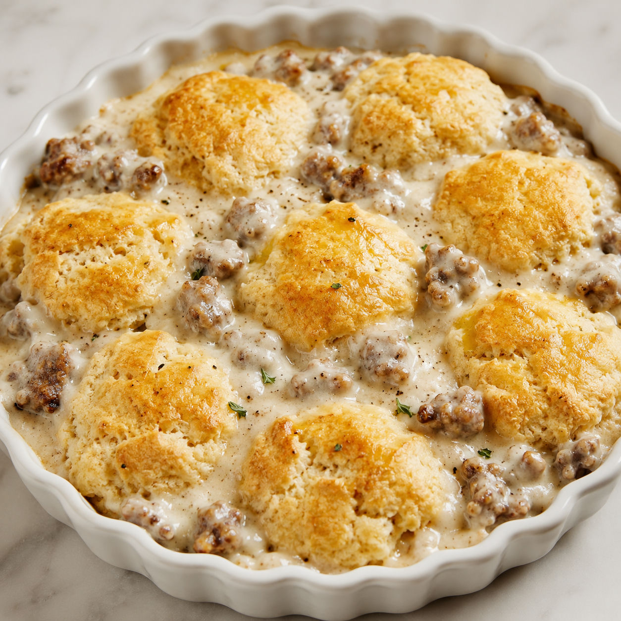 Sausage gravy biscuit pie with golden biscuits in a white dish
