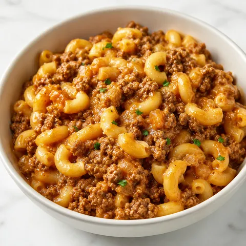 Cheesy homemade hamburger helper with beef and elbow macaroni in a bowl