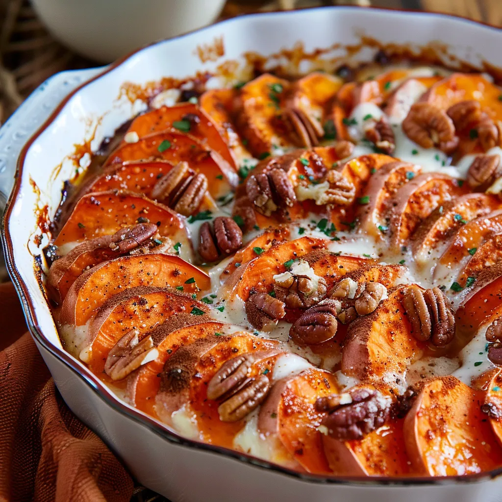 Scalloped Sweet Potatoes with Marshmallows and Pecans