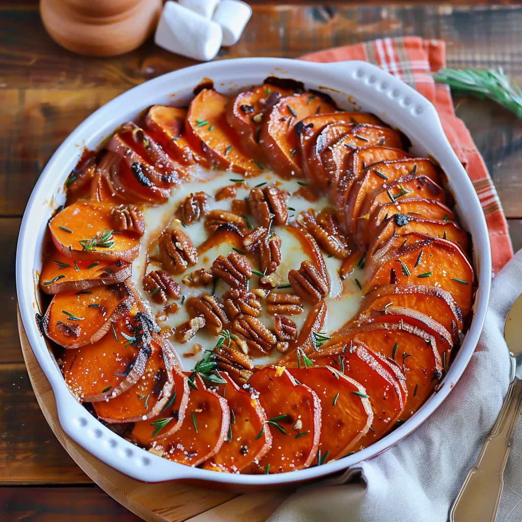 Scalloped Sweet Potatoes with Marshmallows and Pecans