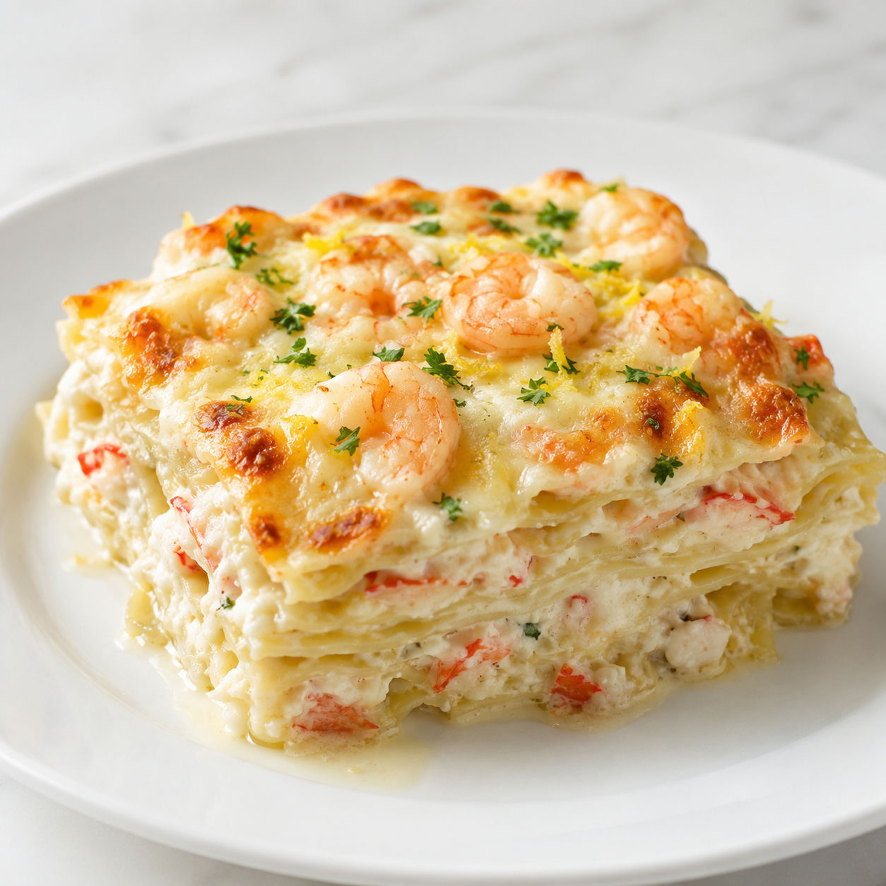 Seafood lasagna slice with shrimp, crab, creamy sauce, and parsley