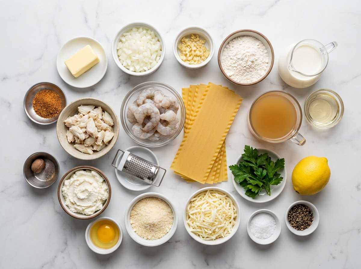 Ingredients for seafood lasagna with shrimp, crab, cheeses, and noodles