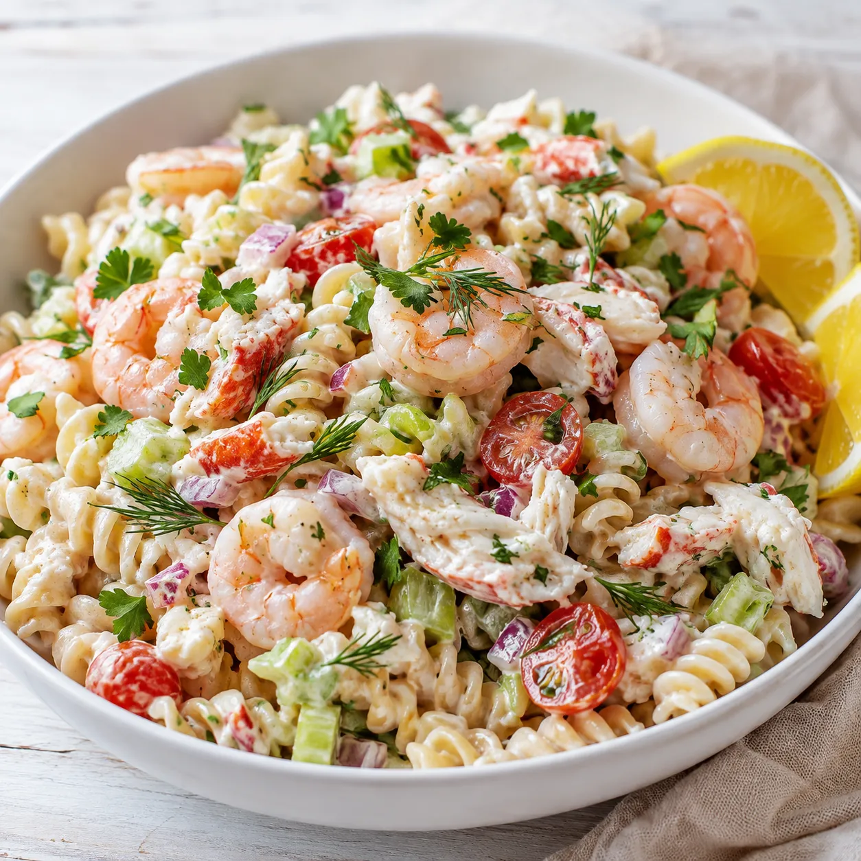 Seafood Pasta Salad with shrimp, crab, dill, tomatoes, and lemon