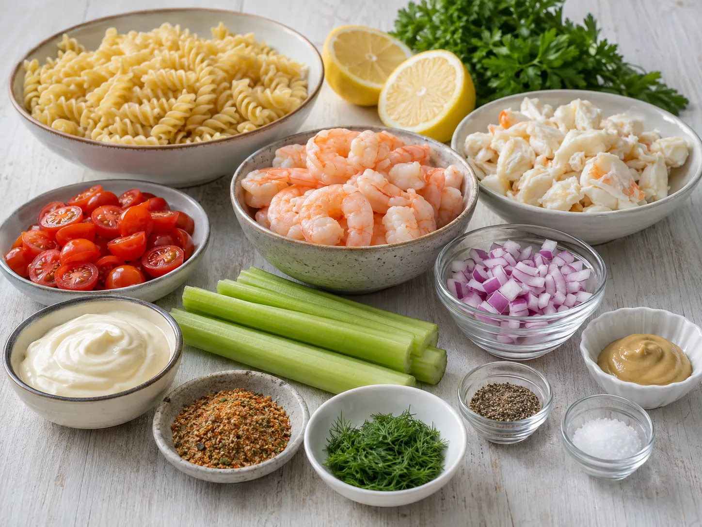 Ingredients for Seafood Pasta Salad with shrimp, crab, pasta, herbs, and lemon
