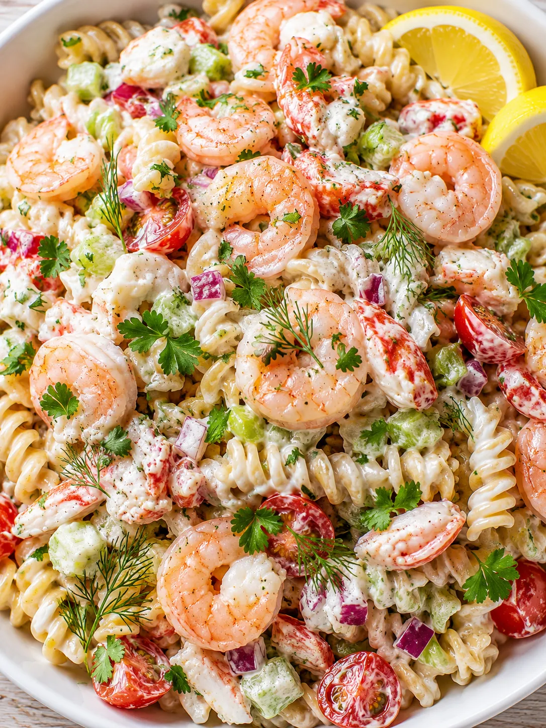 Creamy Seafood Pasta Salad with shrimp, crab, herbs, and lemon