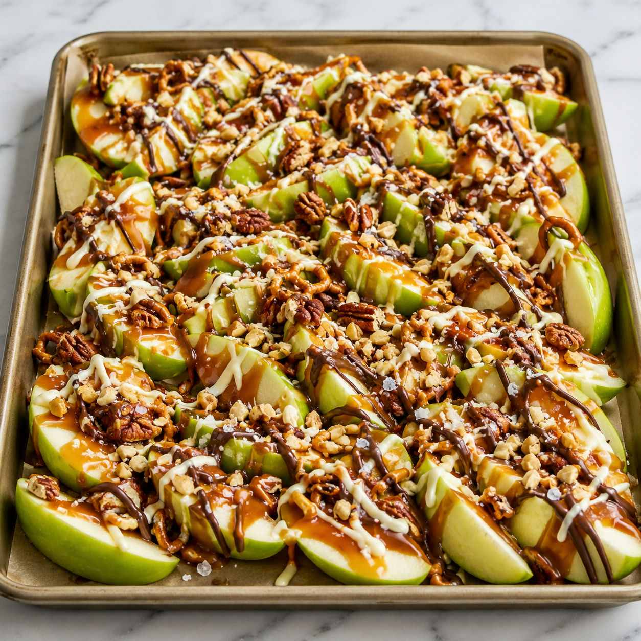 Sheet pan caramel apples with chocolate, nuts, pretzels, and flaky salt