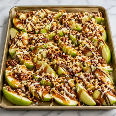 Sheet pan caramel apples with chocolate, nuts, pretzels, and flaky salt
