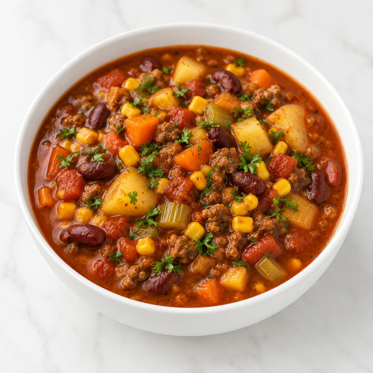 Shipwreck Stew with ground beef, potatoes, beans, corn, and parsley