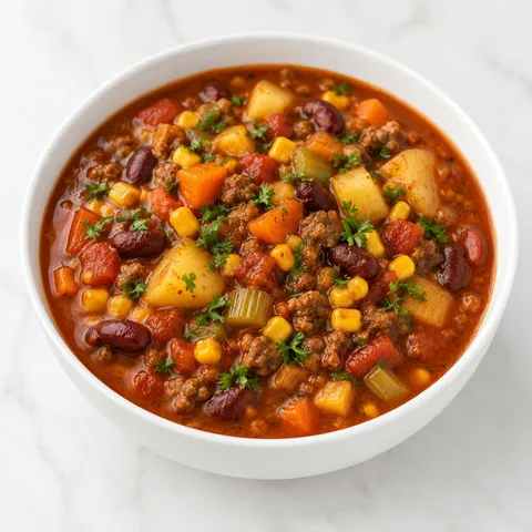 Shipwreck Stew with ground beef, potatoes, beans, corn, and parsley