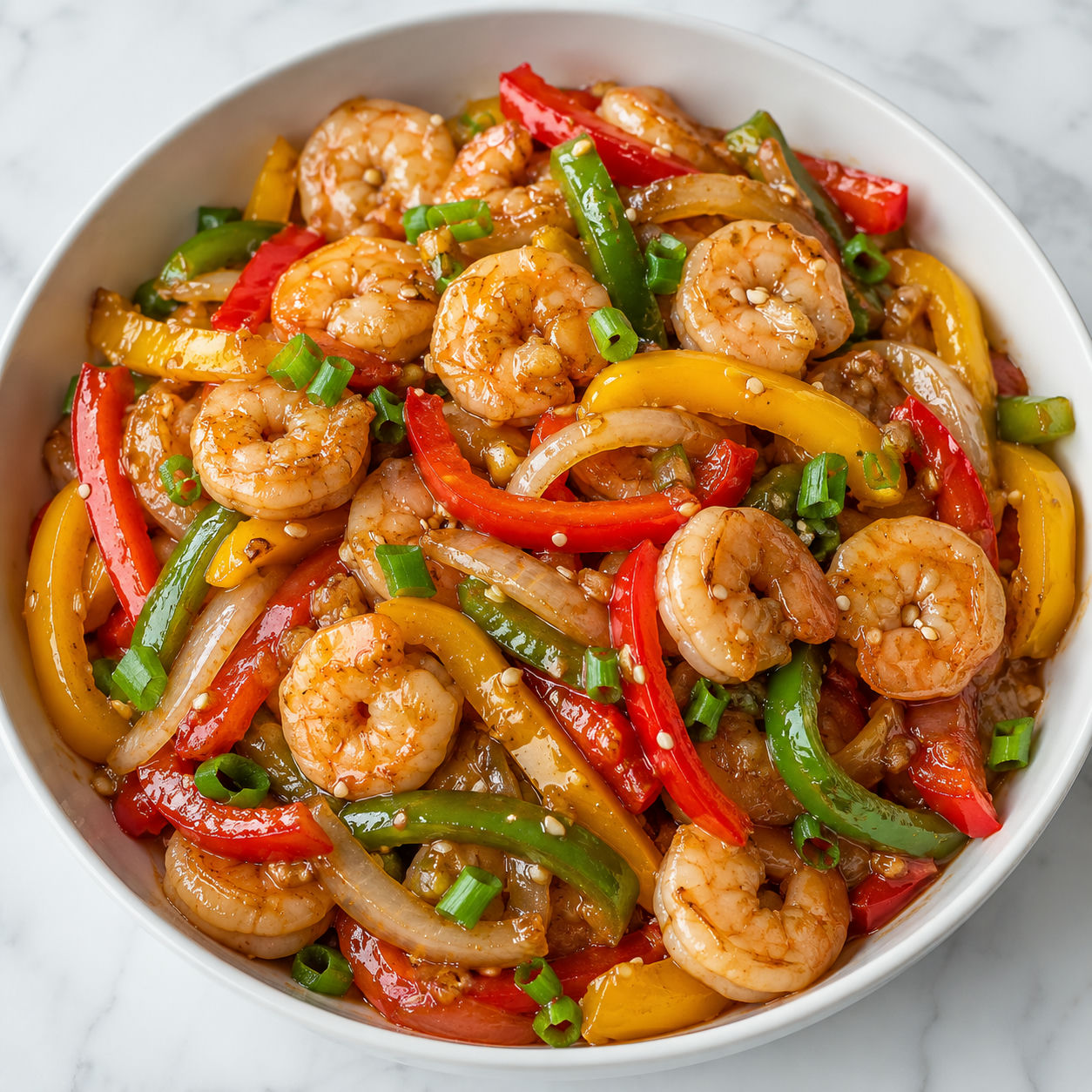 Shrimp and bell pepper stir-fry with scallions in a white bowl