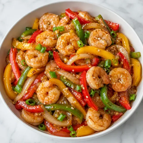 Shrimp and bell pepper stir-fry with scallions in a white bowl