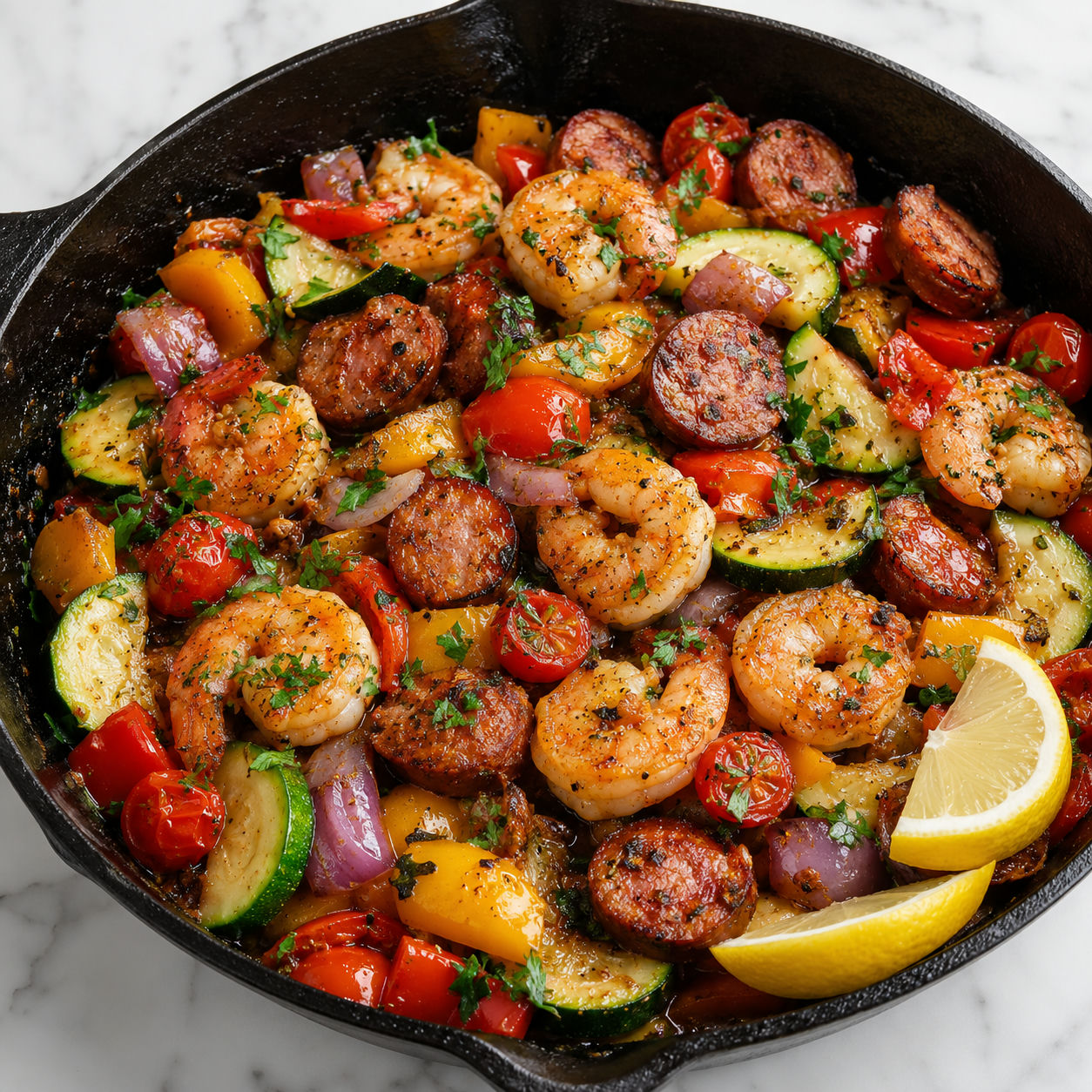 Shrimp and sausage veggie skillet with peppers, zucchini, tomatoes, and parsley