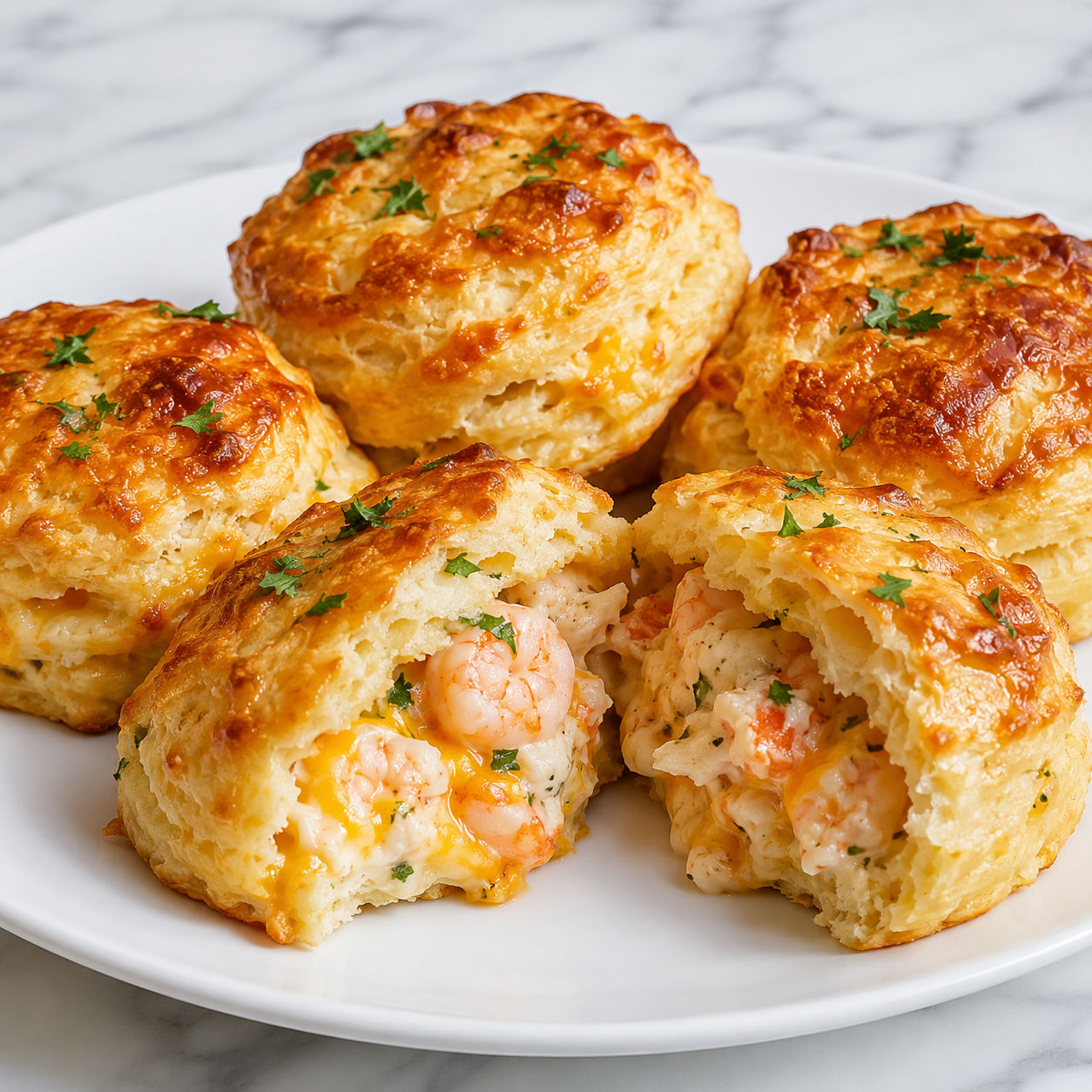 Golden shrimp and crab biscuit melts with creamy seafood filling and lemon