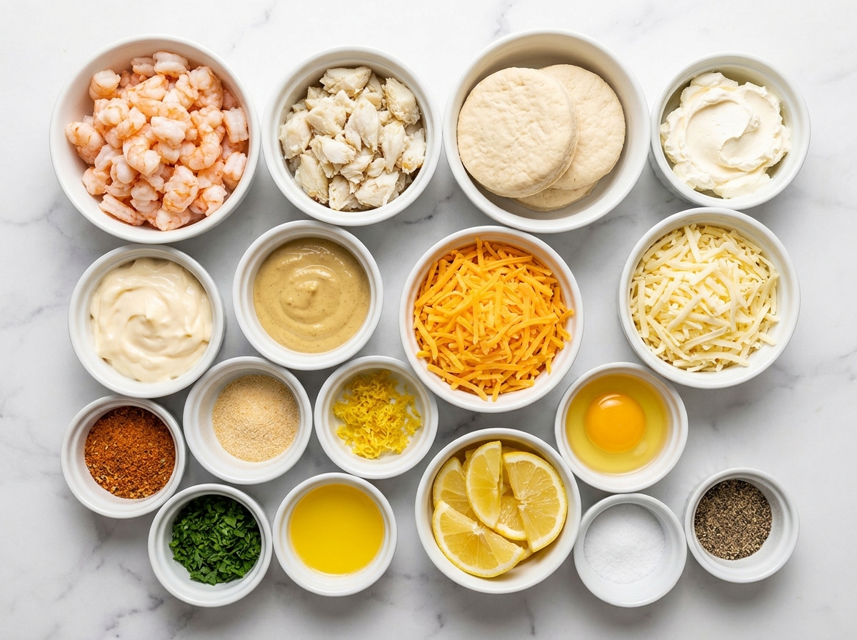 Ingredients for shrimp and crab biscuit melts on a kitchen counter