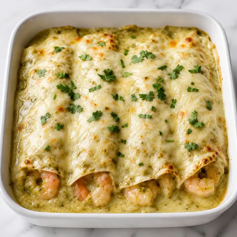 Shrimp enchiladas with cream sauce, cilantro, pico de gallo, and lime