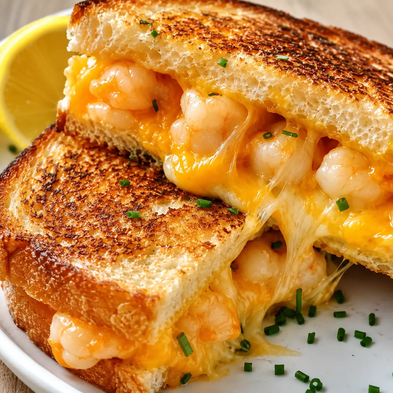 Shrimp grilled cheese with melted cheese and golden sourdough