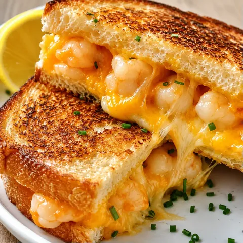 Shrimp grilled cheese with melted cheese and golden sourdough