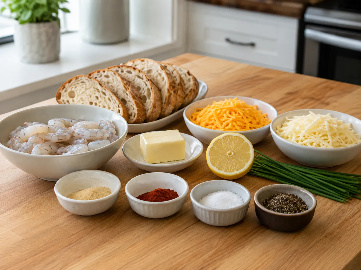 Shrimp grilled cheese ingredients with sourdough, shrimp, cheese, and lemon