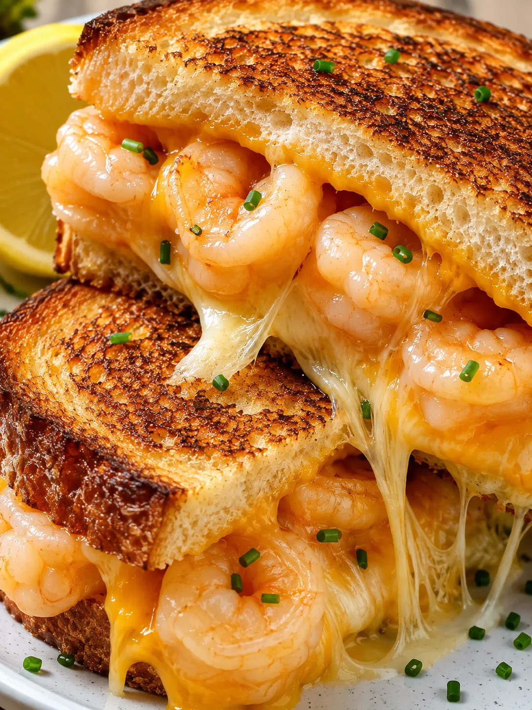 Golden shrimp grilled cheese with melted cheese and chives
