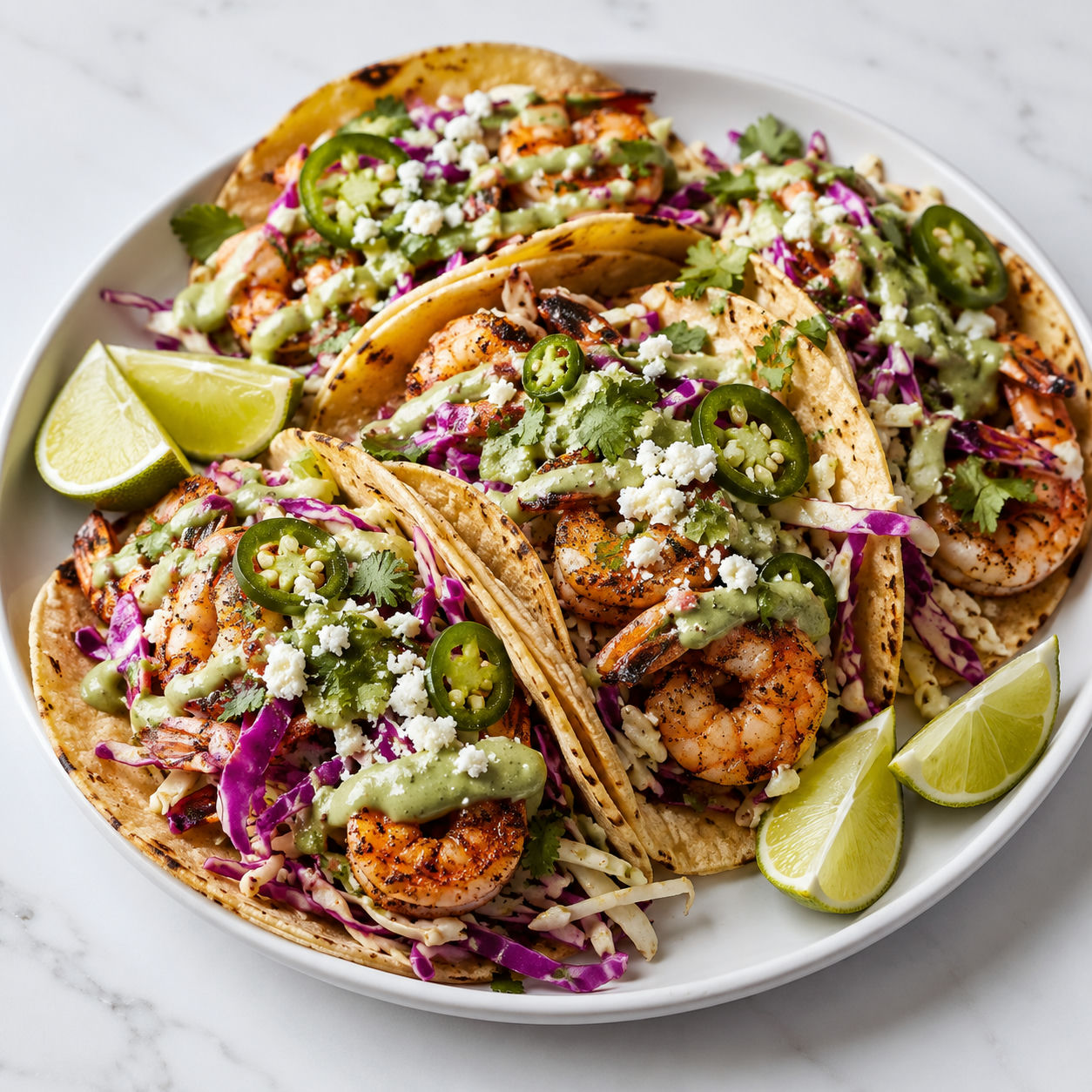 Shrimp tacos platter with slaw, avocado crema, cilantro, and lime