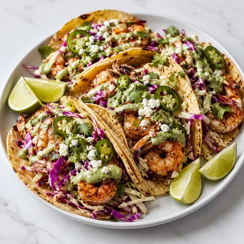 Shrimp tacos platter with slaw, avocado crema, cilantro, and lime