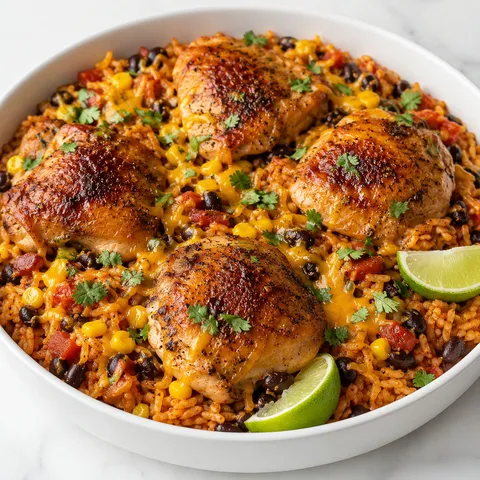 Chicken rice skillet with black beans, corn, cheddar, cilantro, and lime