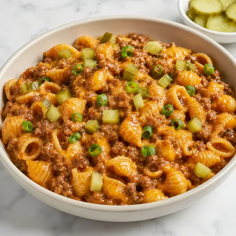 Sloppy Cheeseburger Pasta with cheddar, beef, pickles, and green onions