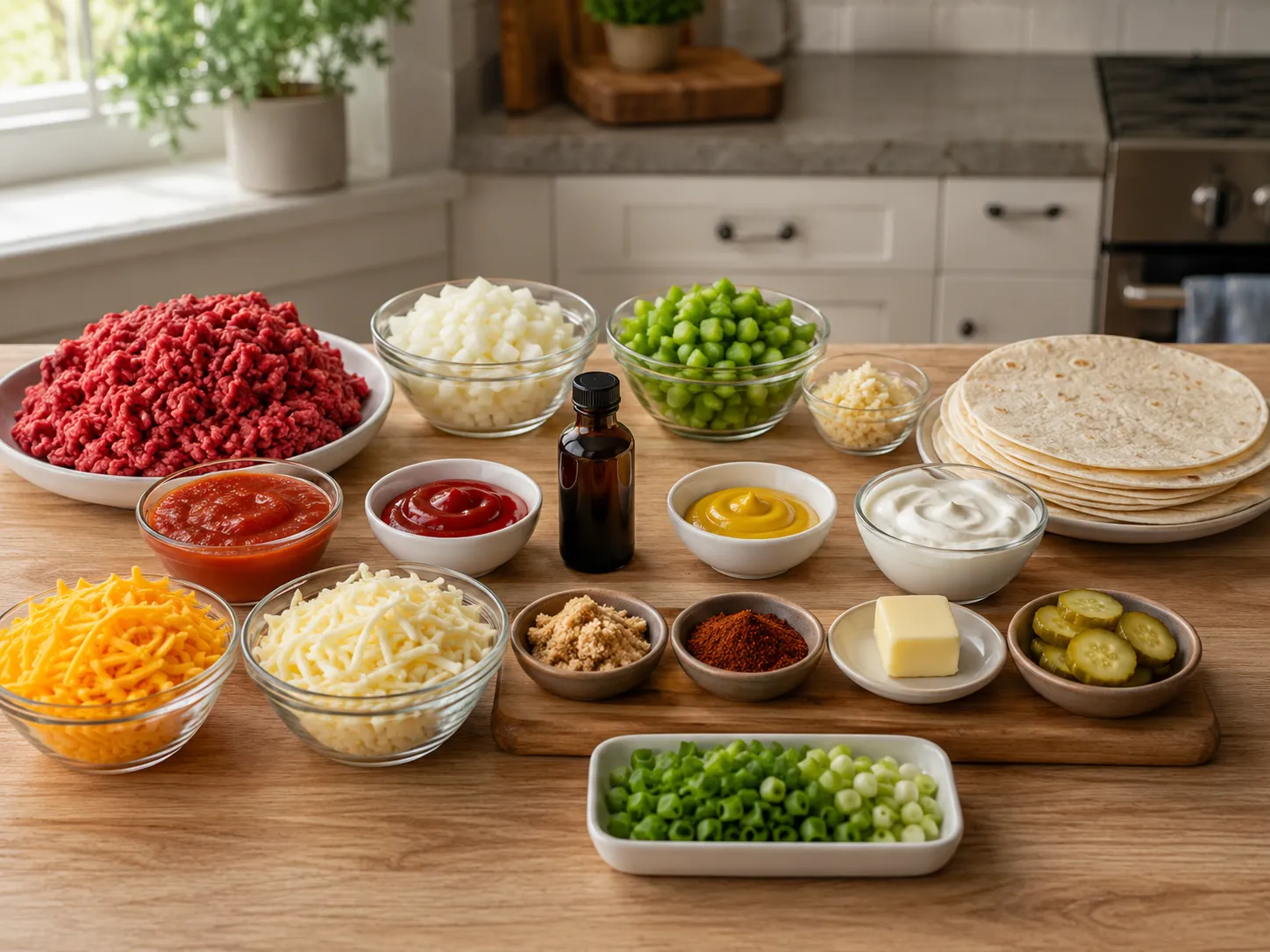 Ingredients for Sloppy Joe Quesadillas with beef, tortillas, cheese, and sauce