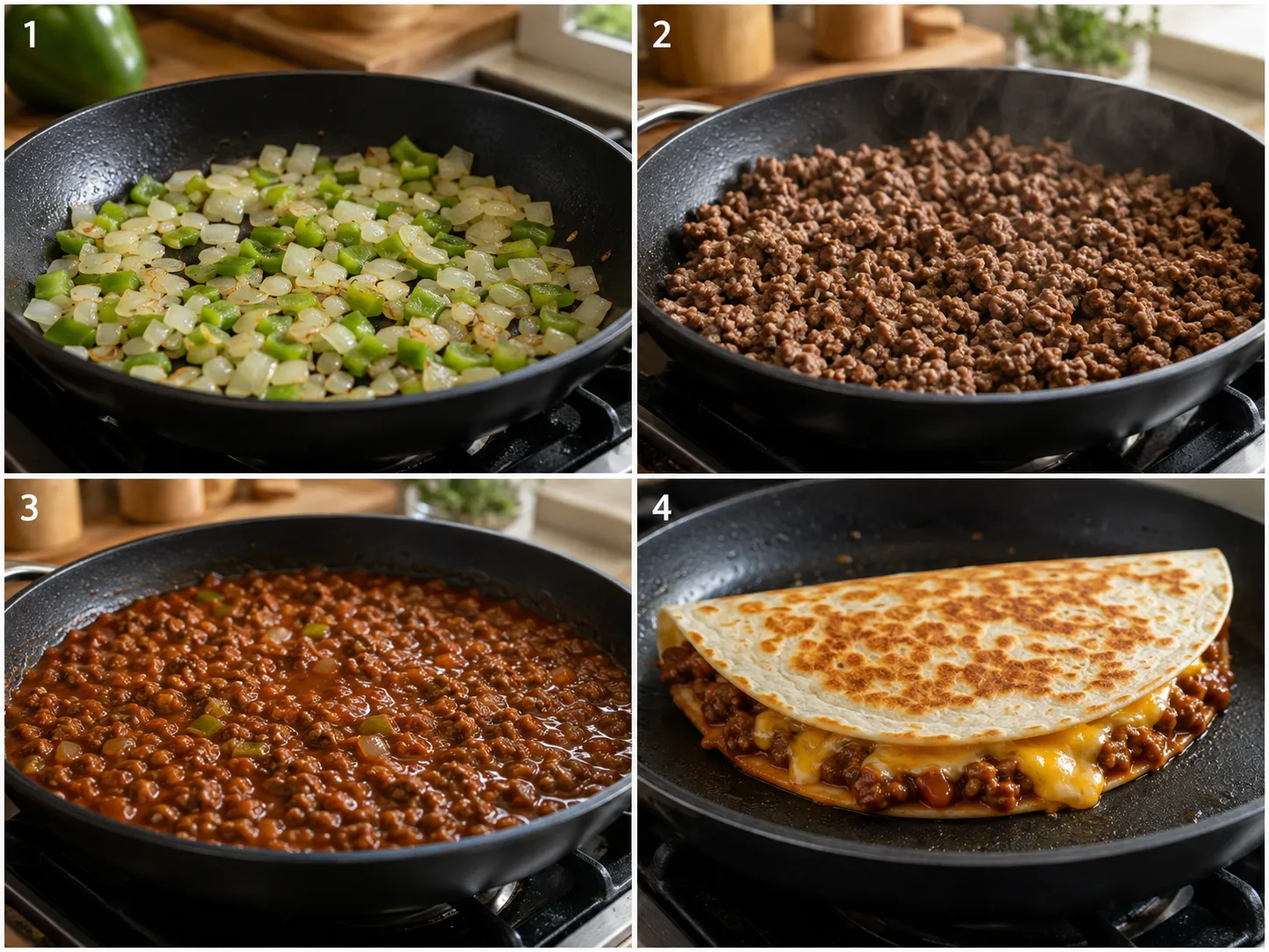 Four cooking steps for Sloppy Joe Quesadillas in a skillet