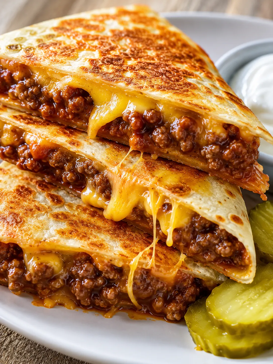 Crispy Sloppy Joe Quesadilla wedges filled with beef and melted cheese