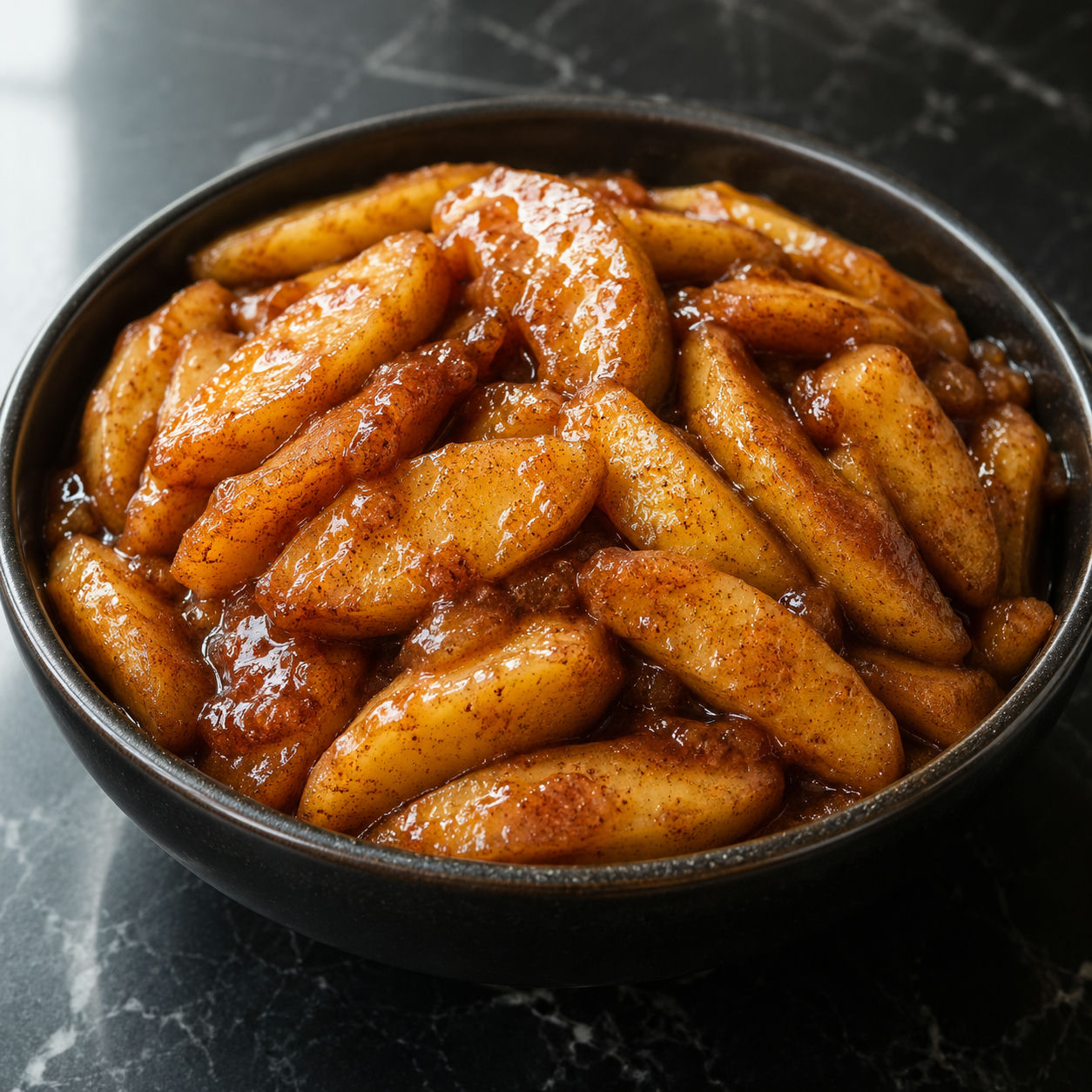 Golden cinnamon-glazed slow cooker fried apple wedges in a dark ceramic bowl with glossy brown sugar sauce