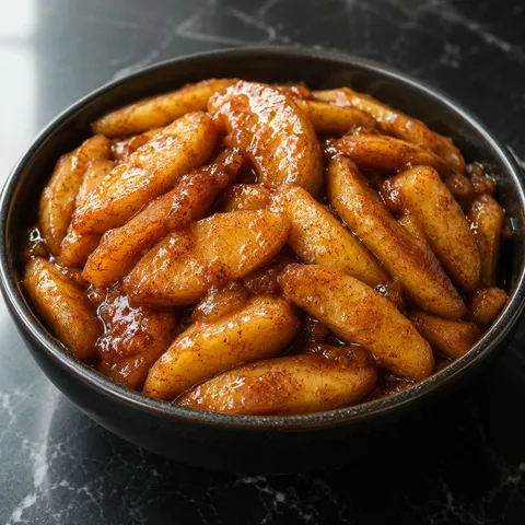Golden cinnamon-glazed slow cooker fried apple wedges in a dark ceramic bowl with glossy brown sugar sauce